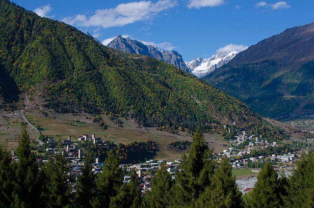 There is a small town in the middle of a valley surrounded by mountains in georgia