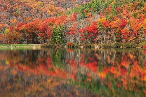 A lake surrounded by trees with autumn leaves reflected in the water