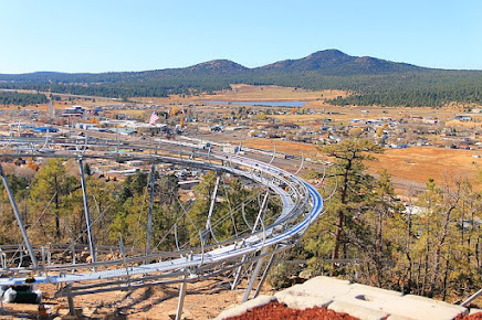 A roller coaster is going down a hill with mountains and williams in the background.