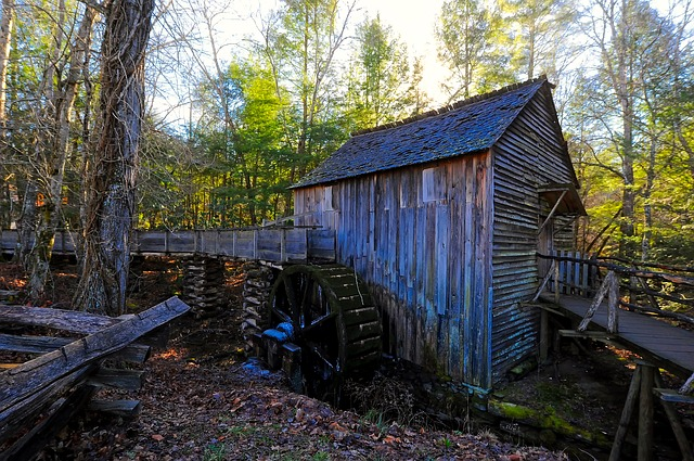 There is a water mill in the middle of the woods in great smoky mountains NP