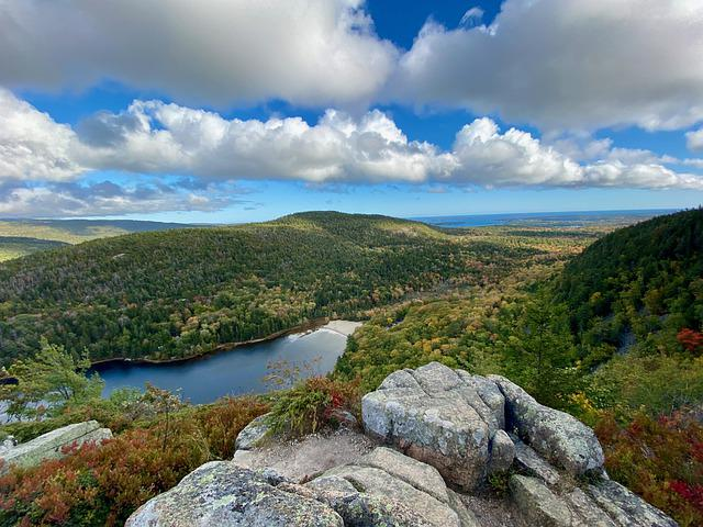 A view of a lake from the top of a mountain near Bangor