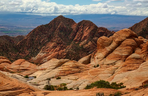 A view of a desert landscape with mountains in the background.