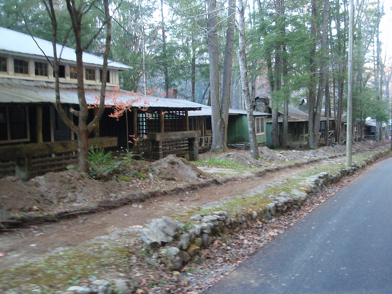 A row of historic houses on the side of a road in Great Smoky Mountains NP