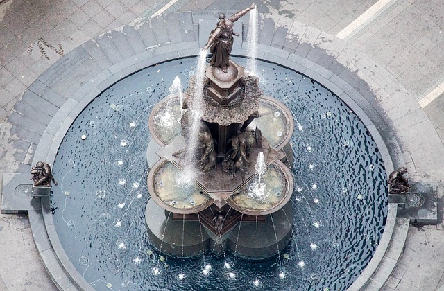 An aerial view of a fountain with a statue in the middle in Cincinnati