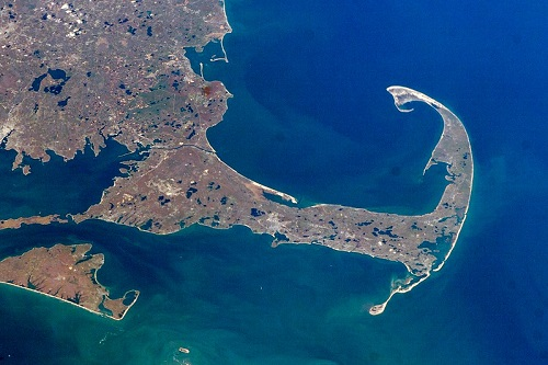 An aerial view of cape cod and the ocean