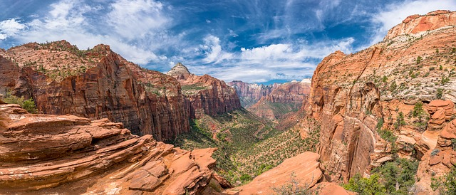 A panoramic view of a canyon with mountains in the background.