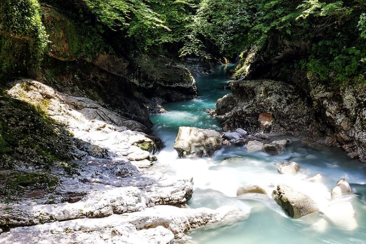 A river in georgia flowing through a canyon surrounded by rocks and trees