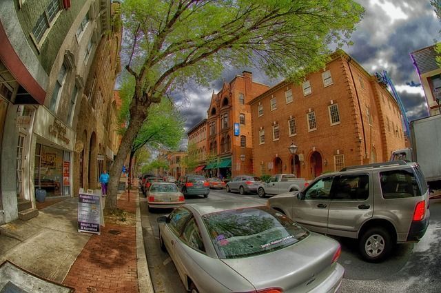 A fish eye view of Main Street in Frederick, Maryland