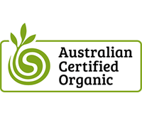 An australian certified organic logo with a green swirl and leaves.