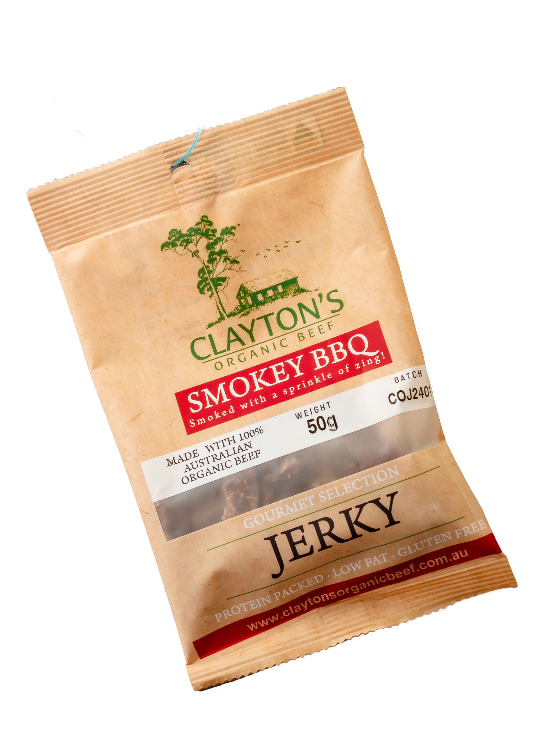 A bag of clayton 's smokey bbq jerky on a white background.