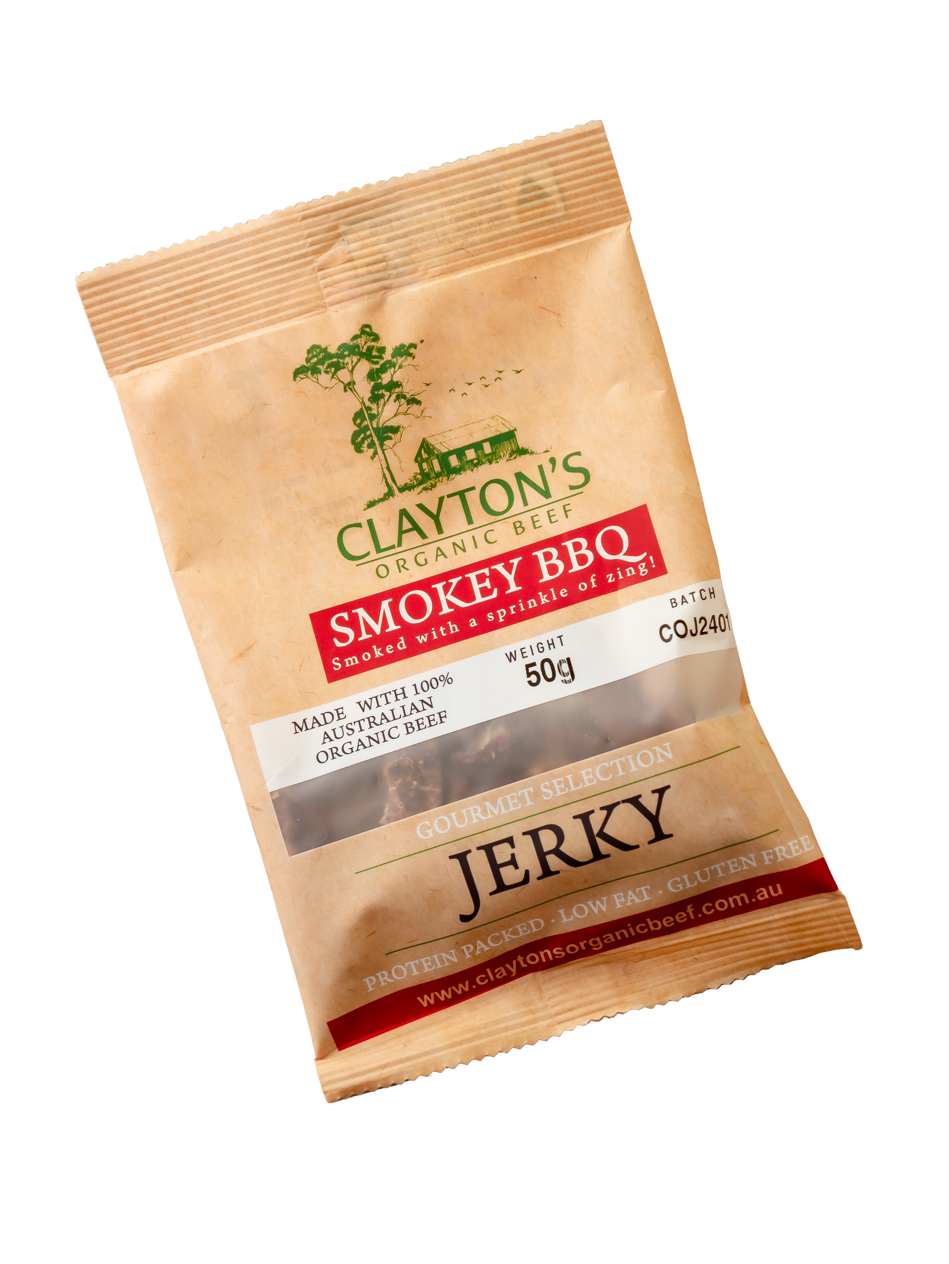 A bag of clayton 's smokey bbq jerky on a white background.