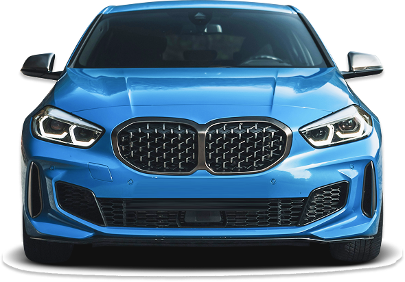 The front of a blue bmw is shown on a white background.
