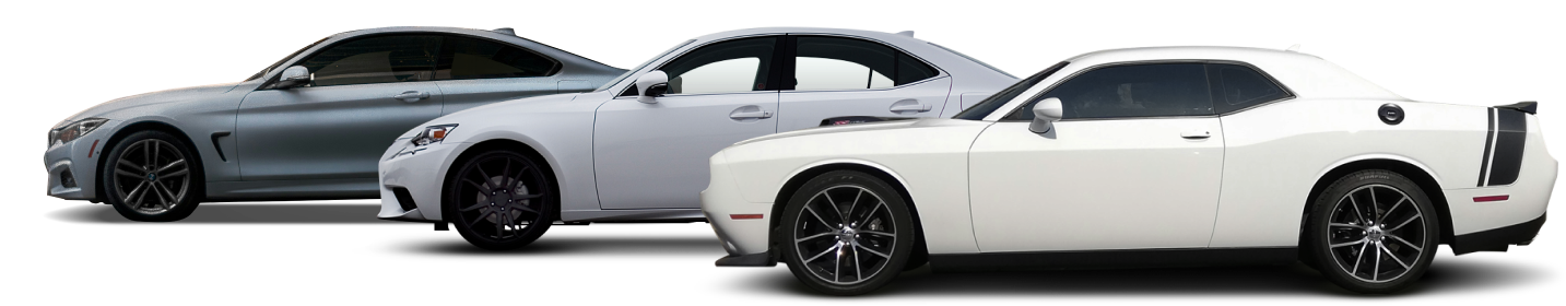 Three cars are parked next to each other on a white background.