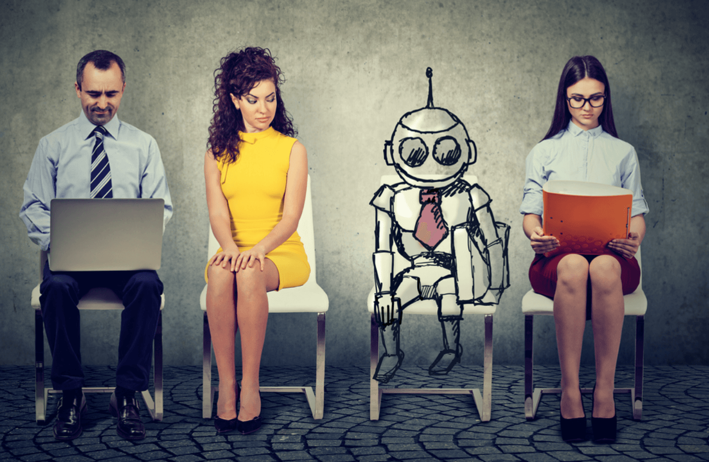 picture of people sitting with a robot, feeling uncertain