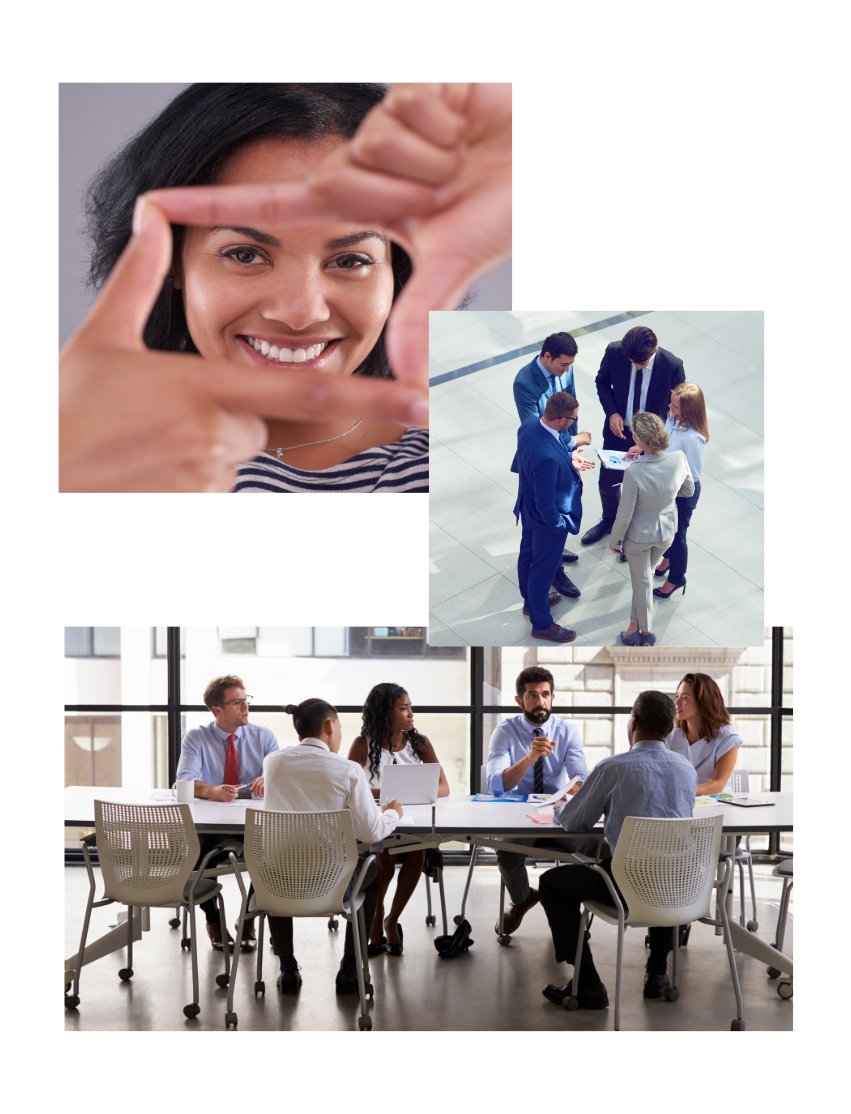 collage of workplace images showing a woman looking at the big picture, a group talking in a lobby, and a team collaborating in a conference room