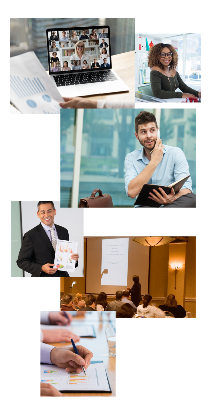 collection of business images showing a remote team meeting, a professional smiling african american woman  in her office, a  young executive being coached on the phone,  a male executive giving a business presentation, a facilitated development seminar, and a close up of a  person taking notes.