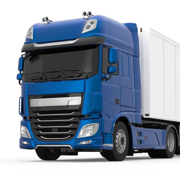 Generic blue truck with semi trailer photo realistic isolated 3D Illustration - front left low angle view.