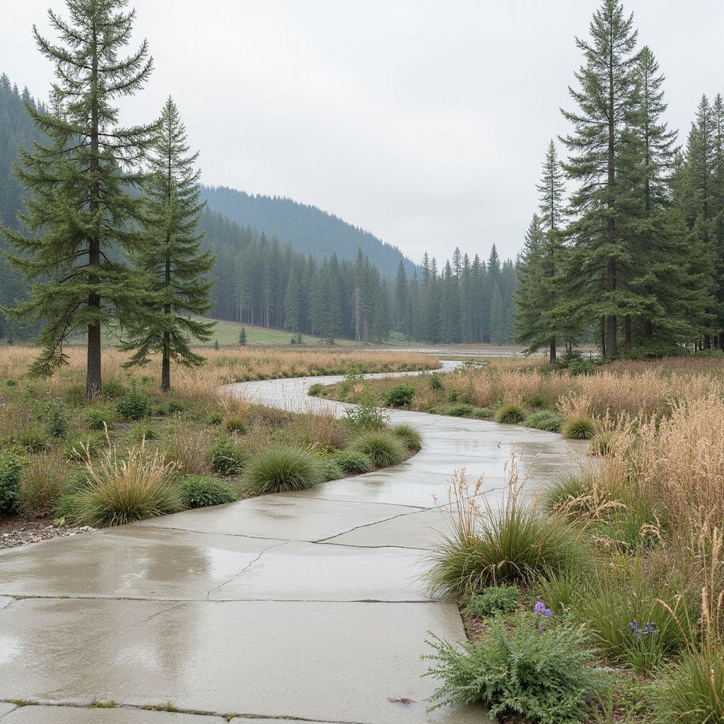 A wet concrete path winds through a grassy meadow towards a forest on a cloudy day.