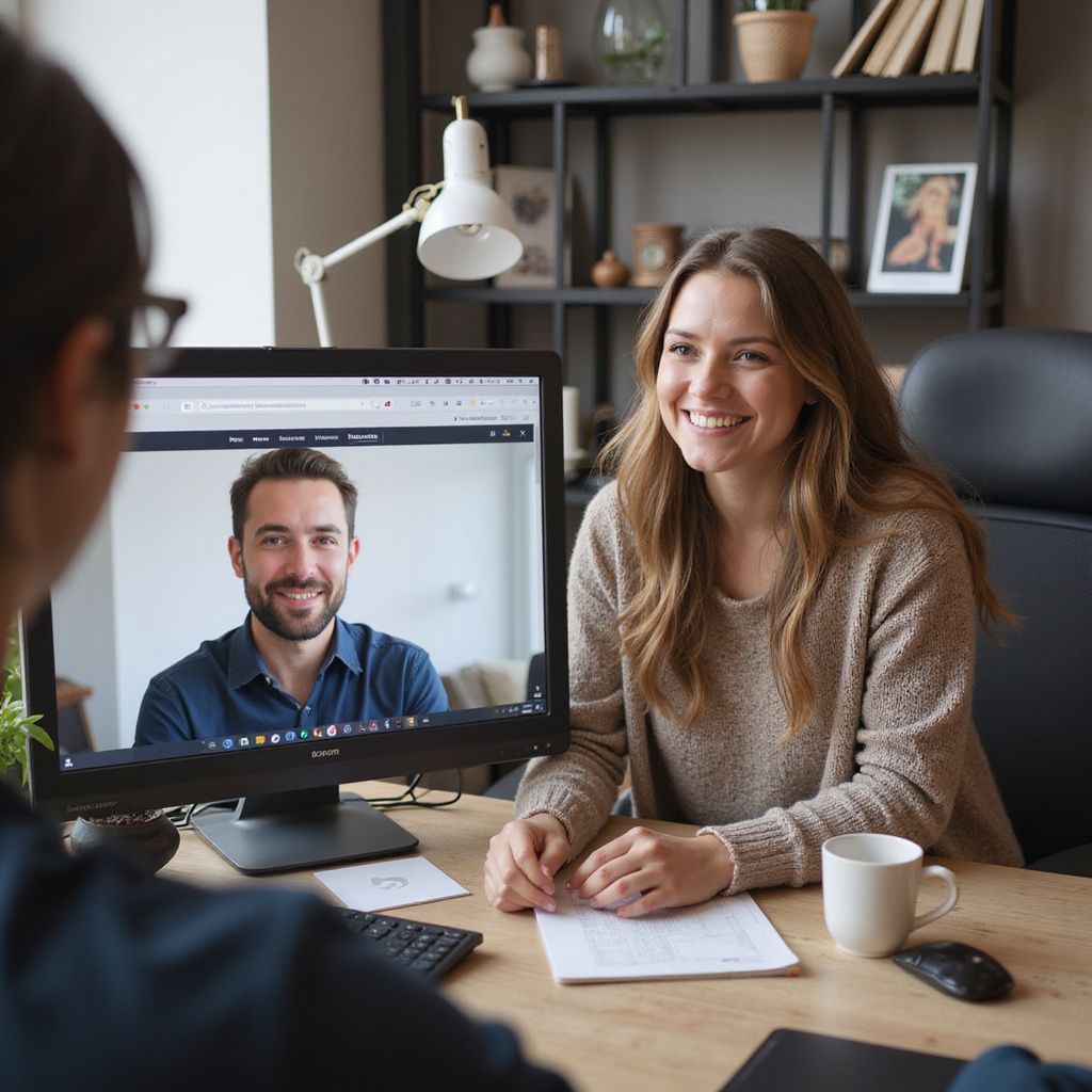Woman smiling during video conference with a man on screen in a home office setting.