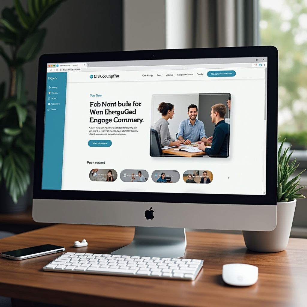 Computer screen displaying a website with three people collaborating; desktop setting.