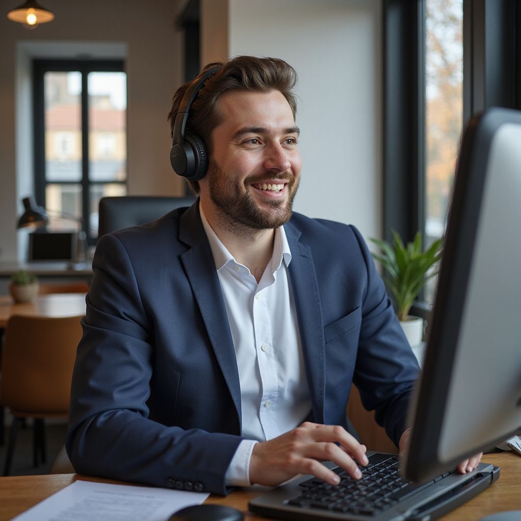 Man in suit smiling, wearing headphones, typing on computer in office setting.