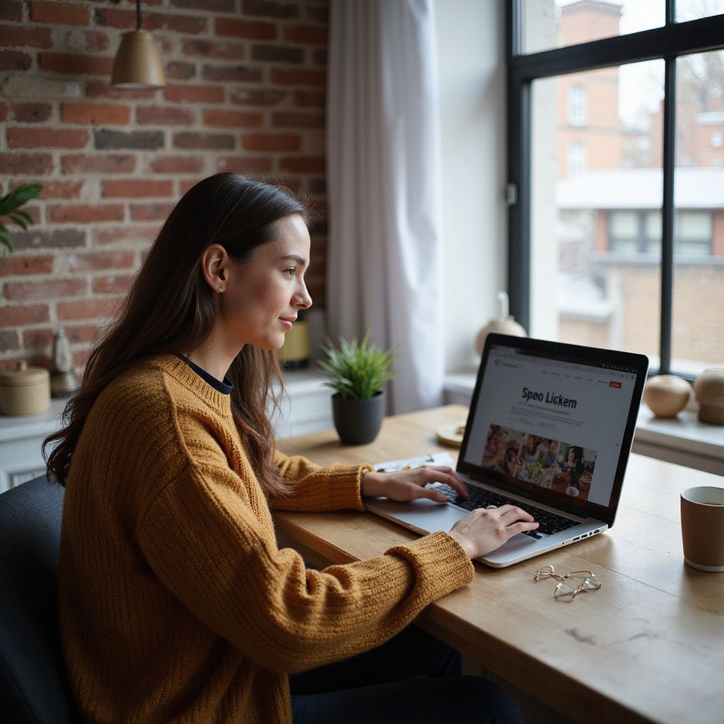 Woman in mustard sweater types on laptop at wooden desk near window.