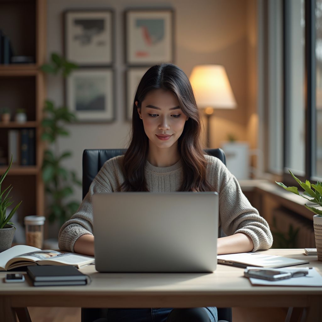Woman working on a laptop at a desk in a home office.