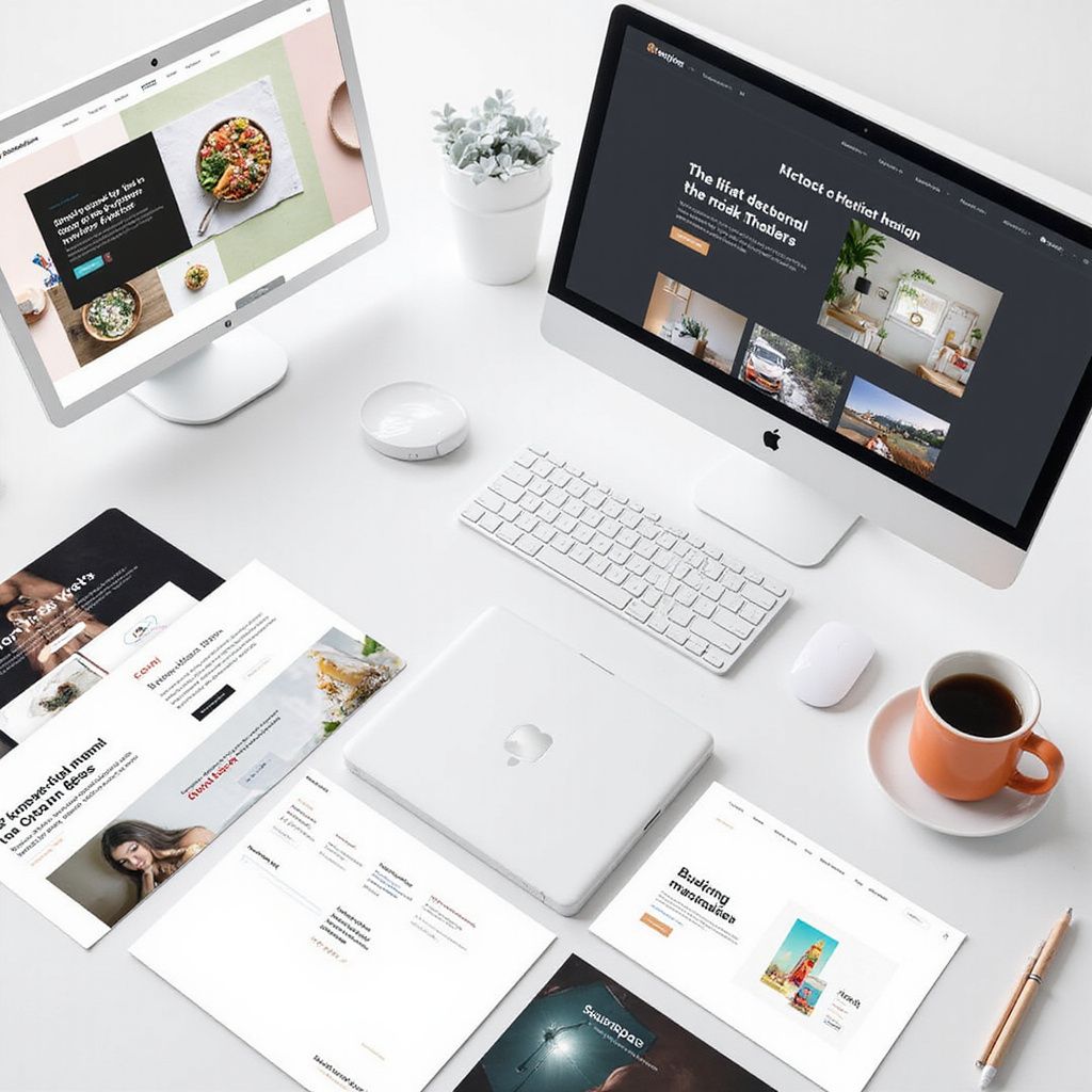 Workspace with computers displaying website designs, white devices, coffee, and printed layouts.