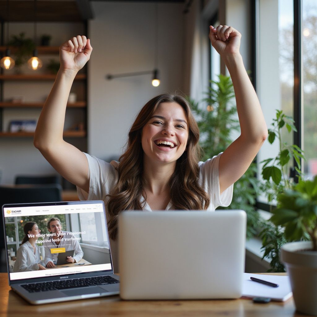 Woman with laptop raises arms in celebration, office setting, website open on screen.