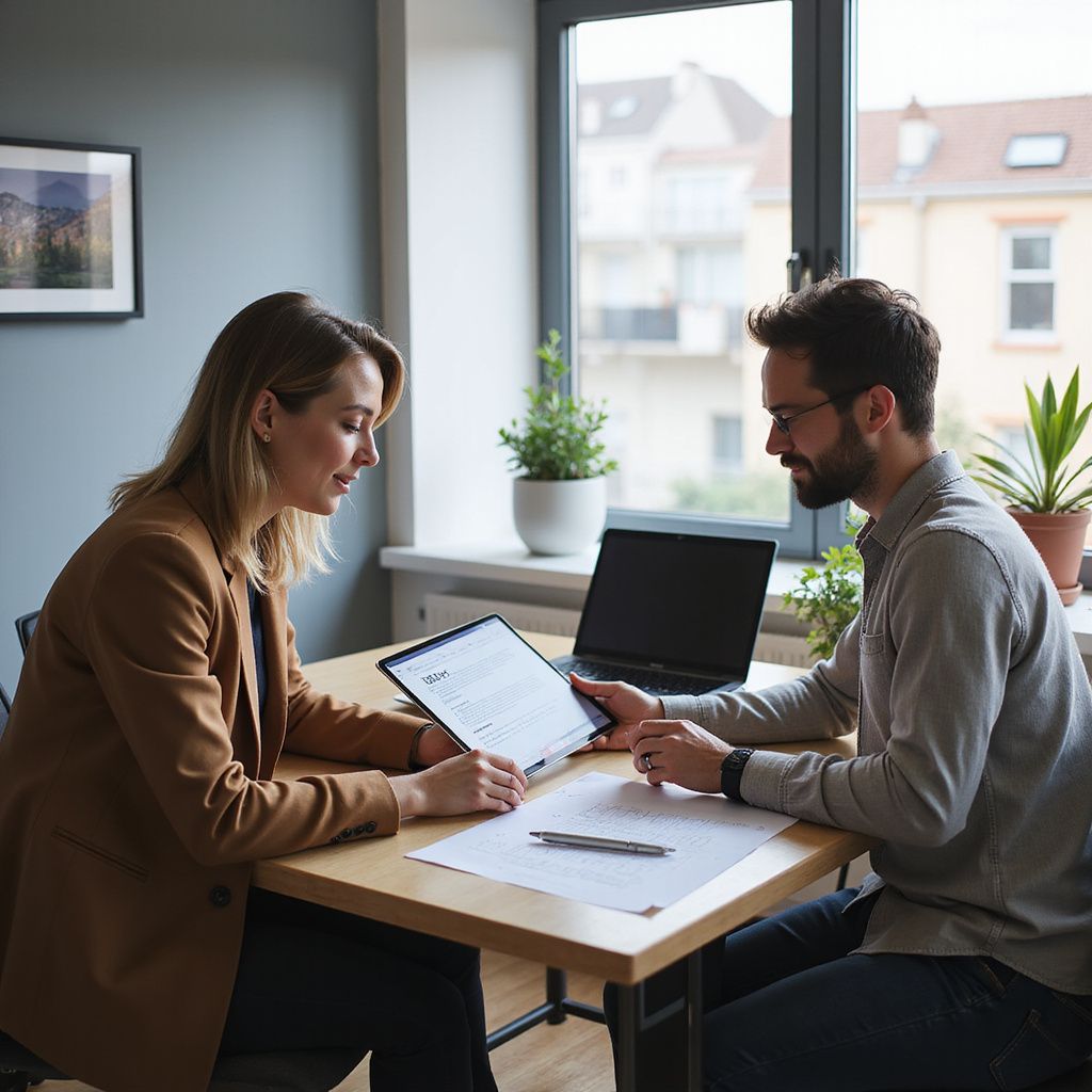 Woman and man reviewing documents at a table. Laptop, window, and plants visible.