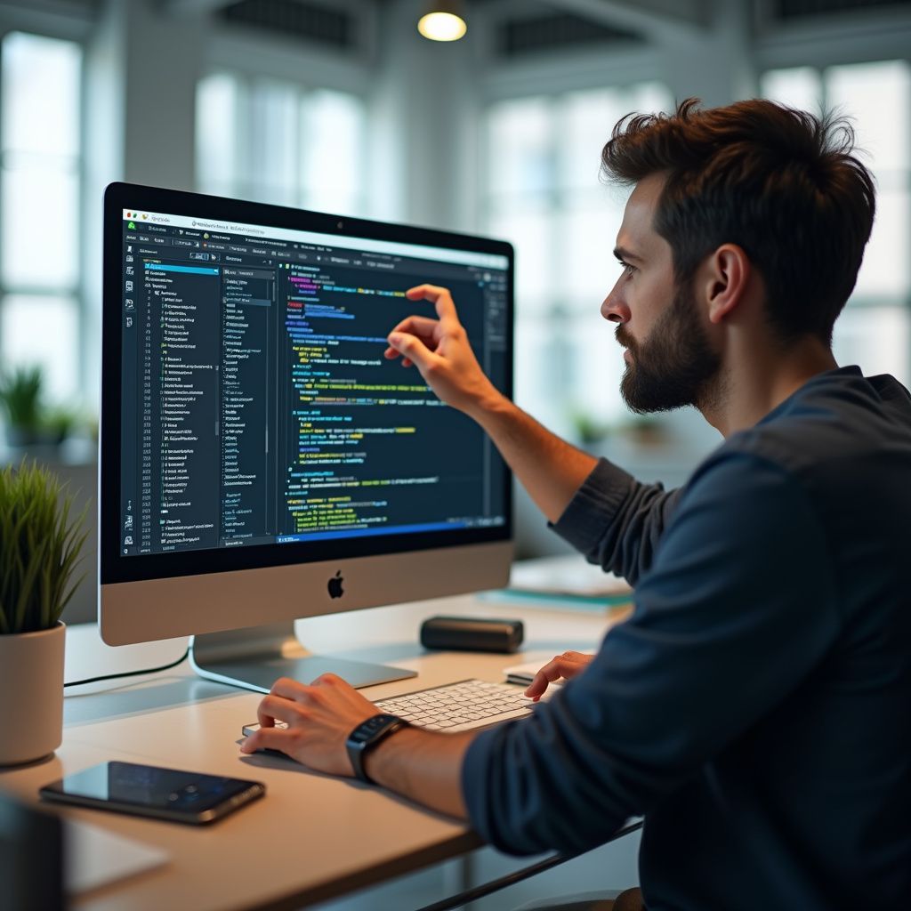 Man points at code on a computer screen, seated at a desk. A keyboard and phone are visible.