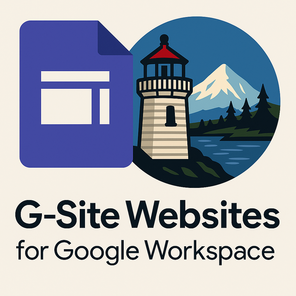 Google Sites logo: Document icon next to a lighthouse scene, text reads