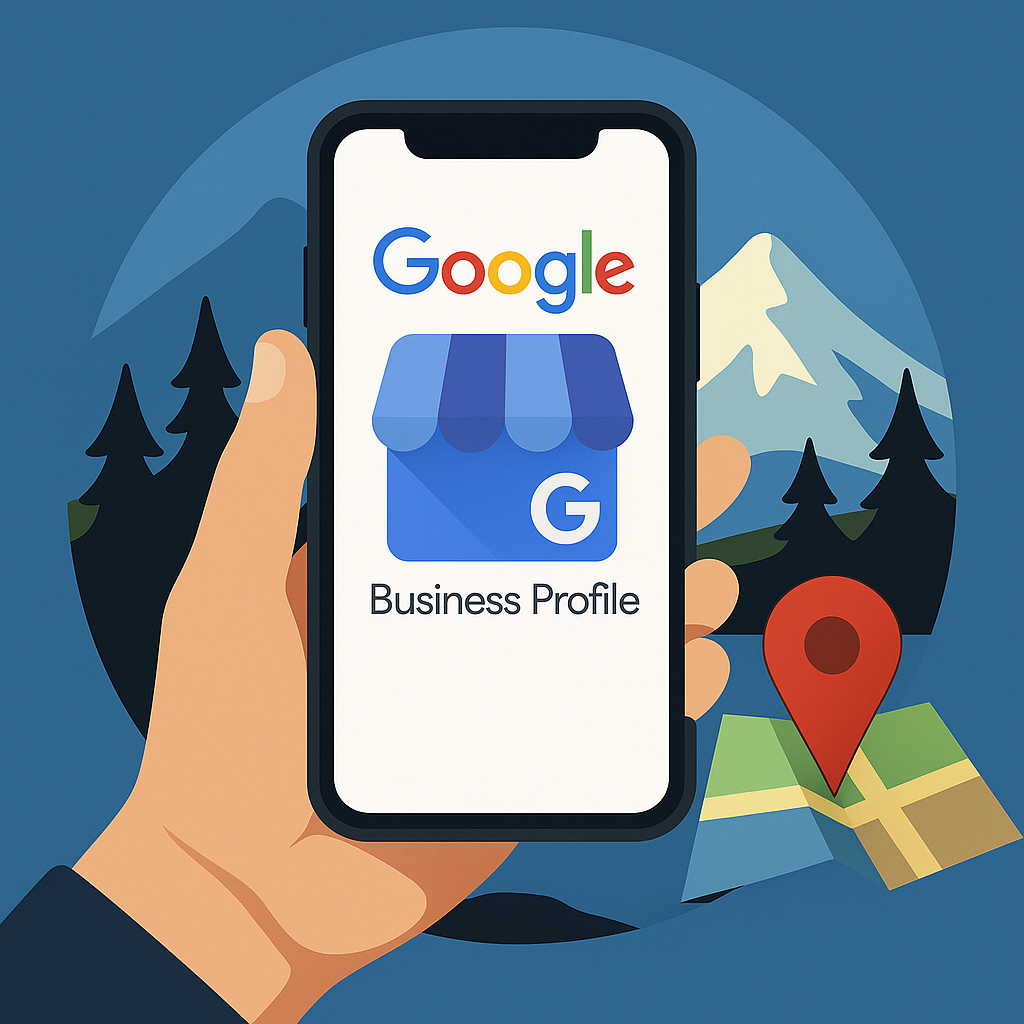 Hand holding a phone displaying the Google Business Profile logo with a map and mountain scene.