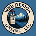 Web Design Online LLC logo: lighthouse, mountain, lake, and trees inside a circle.