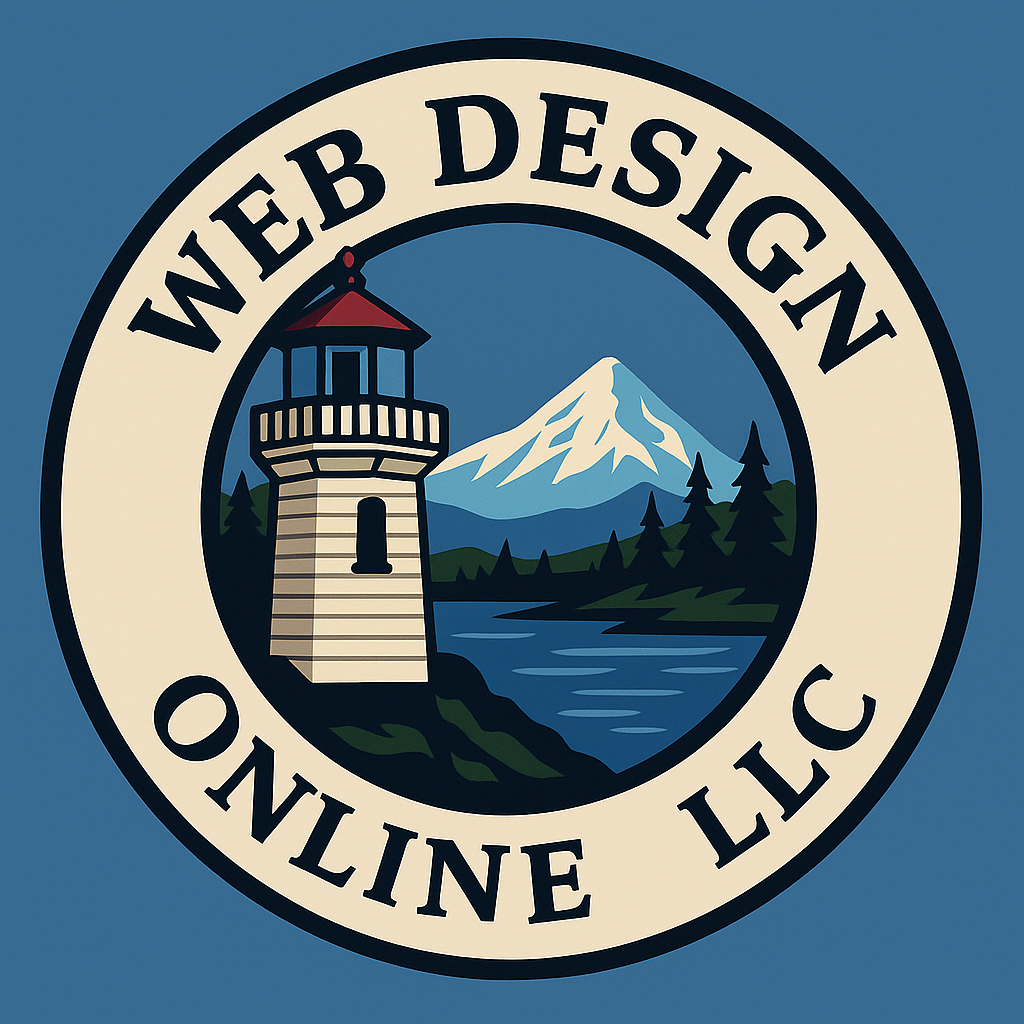Web Design Online LLC logo: lighthouse, mountain, lake, and trees inside a circle.