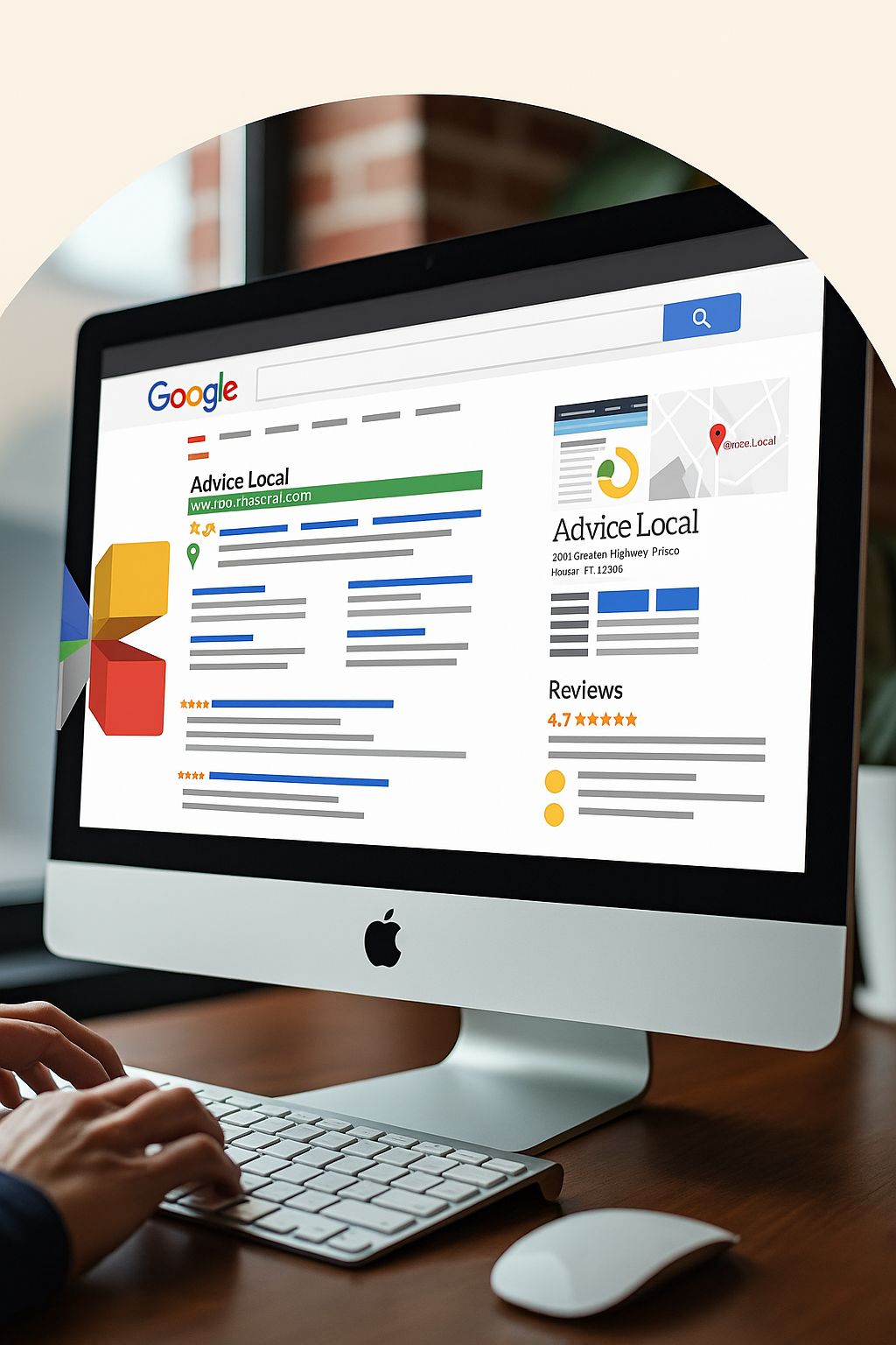 Person typing on a computer, displaying a Google business profile with map and details.