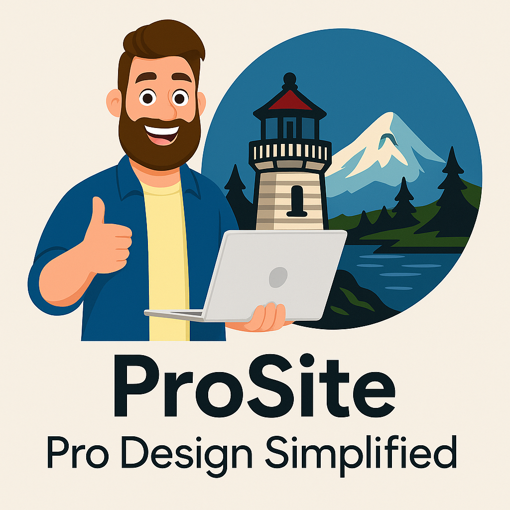 Man with laptop giving thumbs up, lighthouse and mountain landscape, ProSite logo