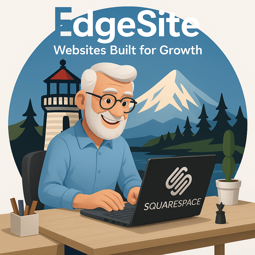 Man working on a laptop with Squarespace logo, mountain and lighthouse background.