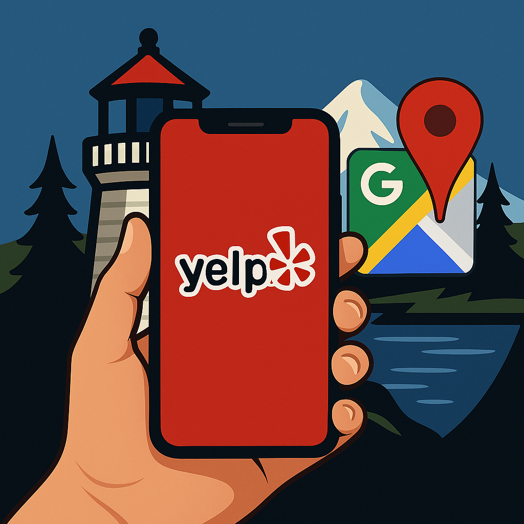 Hand holding a phone with the Yelp logo, Google Maps icon, and a map marker in front of a lighthouse and mountain scene.