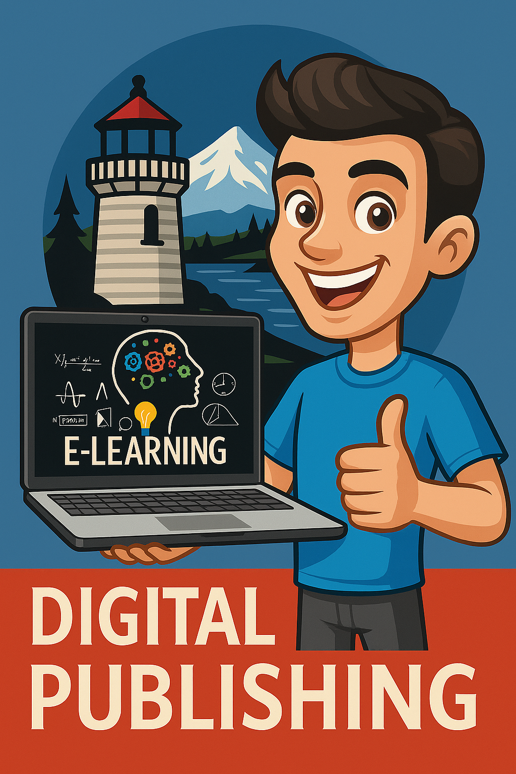 Smiling person with laptop promoting e-learning and digital publishing; background with lighthouse, lake, and mountain.
