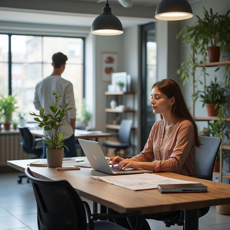 Woman typing on laptop at wooden desk in office; man in background, plants, lamps.