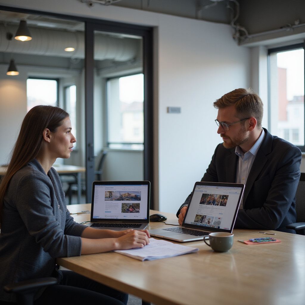 Woman and man at a table, discussing work. Two laptops, mug, papers. Office setting.