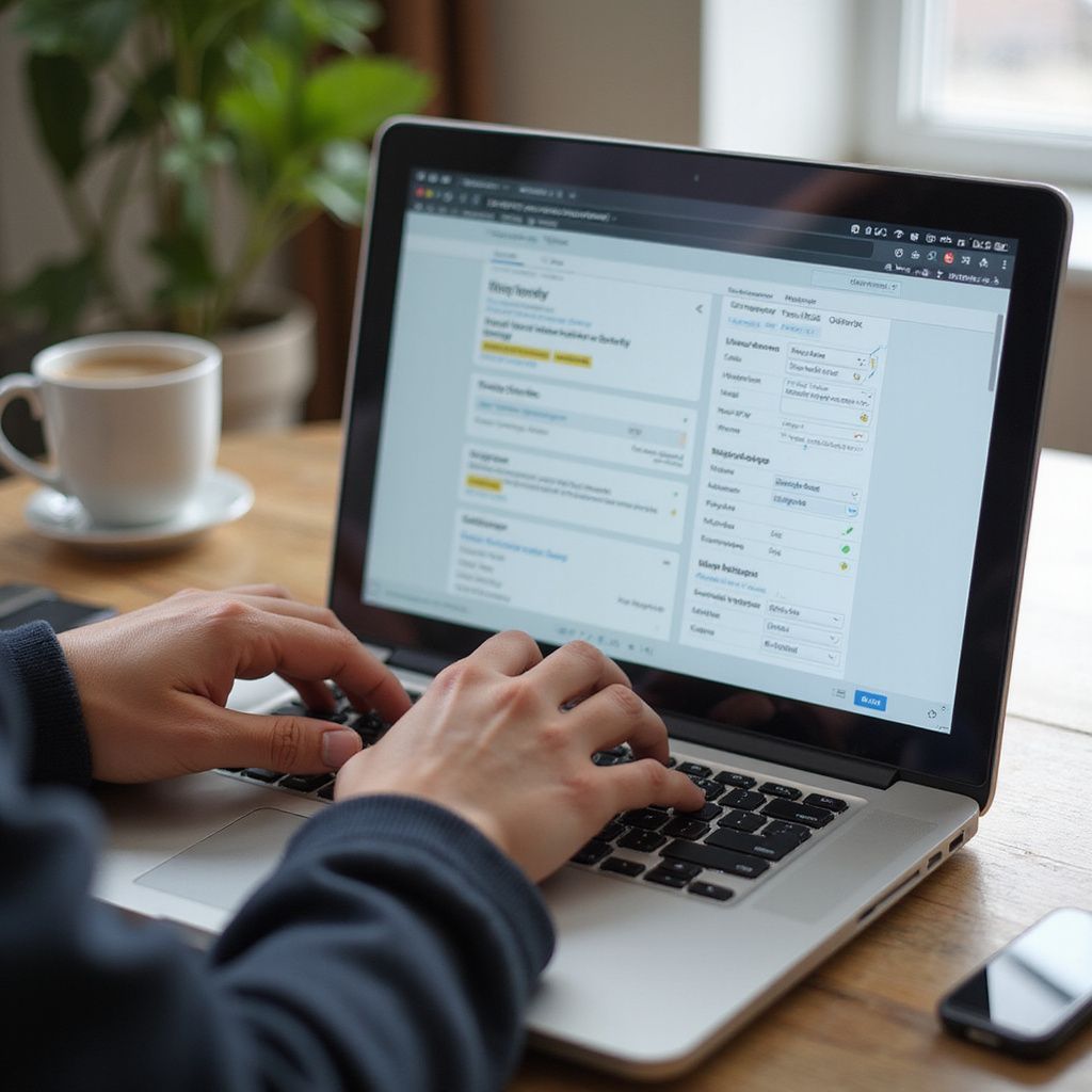 Person typing on a laptop, close-up. Wooden table with a cup of coffee and a phone. Window and plant in the background.