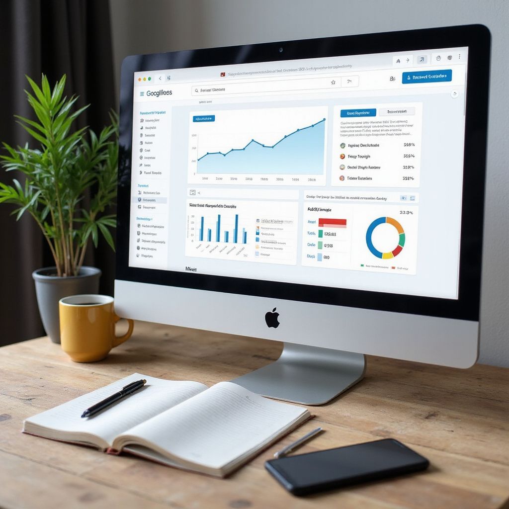 Computer monitor displaying data charts, on a wooden desk with a notebook, pen, phone, plant, and mug.