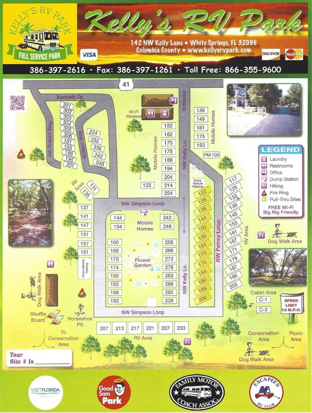 Map of Kelly's RV Park in Webster, FL, with numbered campsites, roads, amenities, and a legend.