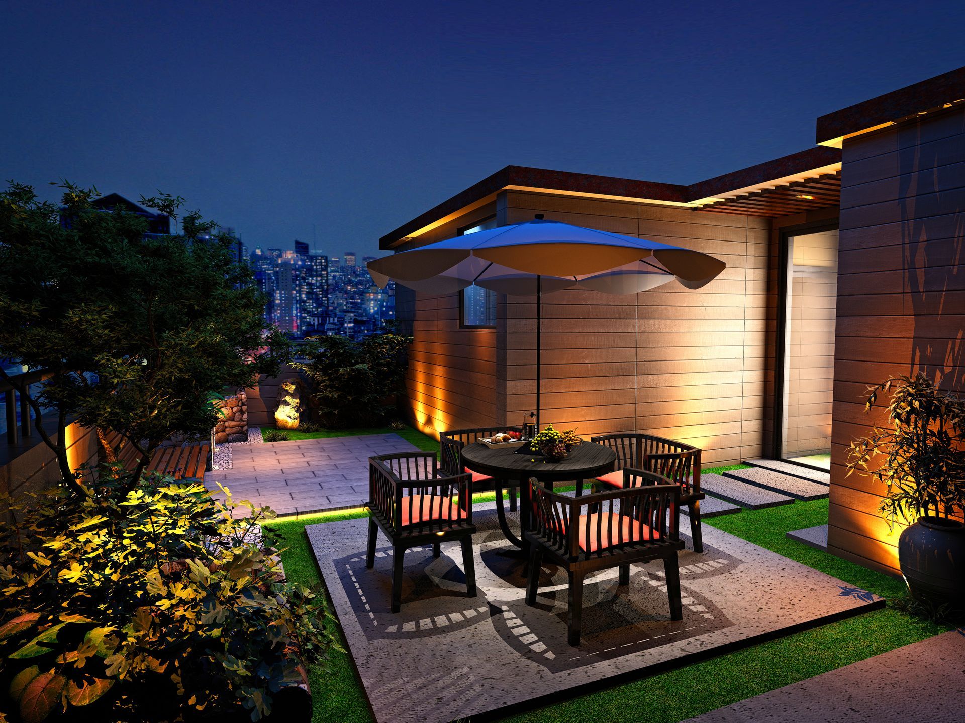 Illuminated rooftop patio with dining table, umbrella, and city skyline at dusk