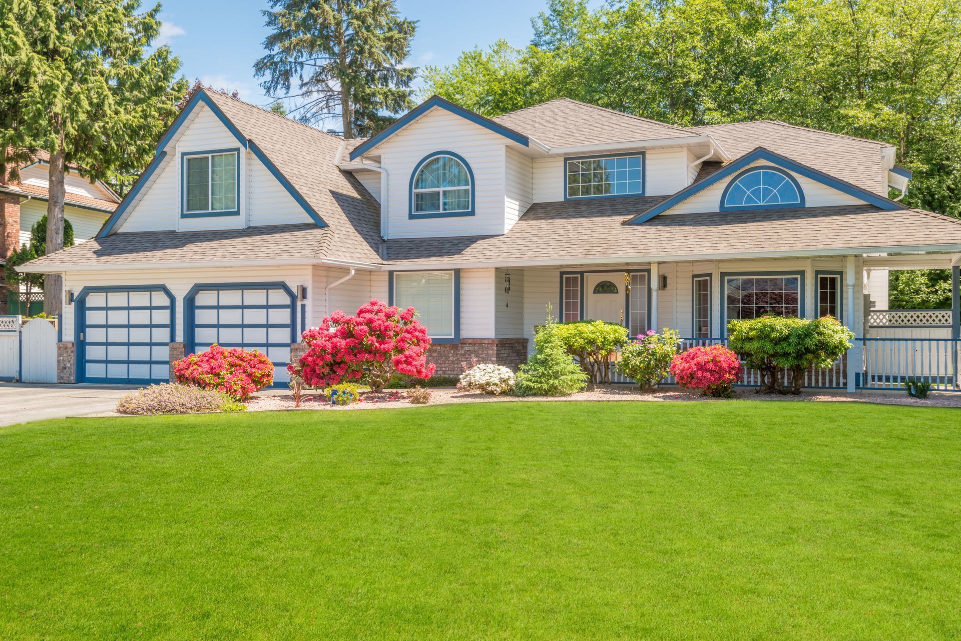 Suburban house with blue garage doors, white siding, pink shrubs, and a large green lawn