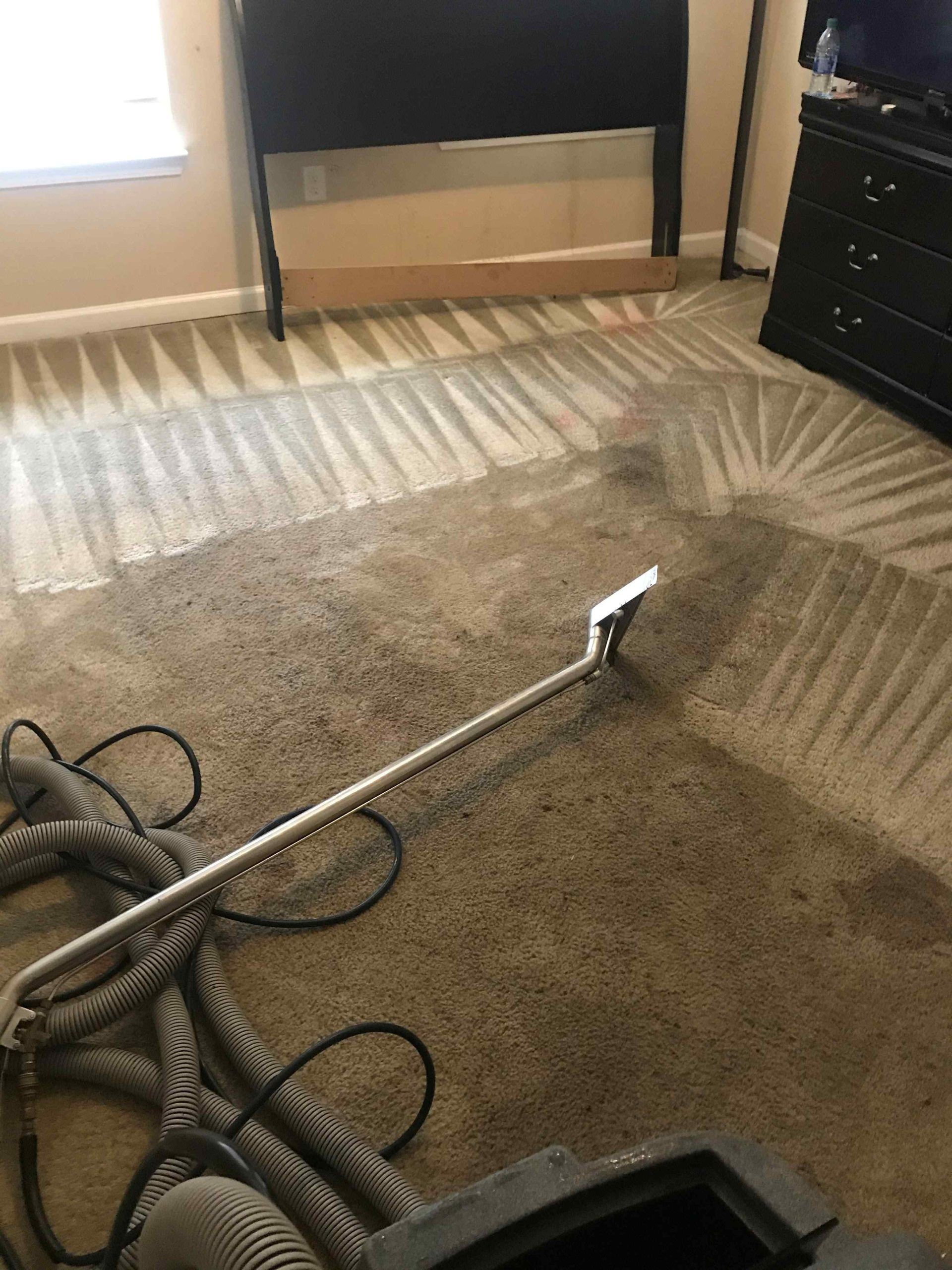 A vacuum cleaner is cleaning a carpet in a living room.