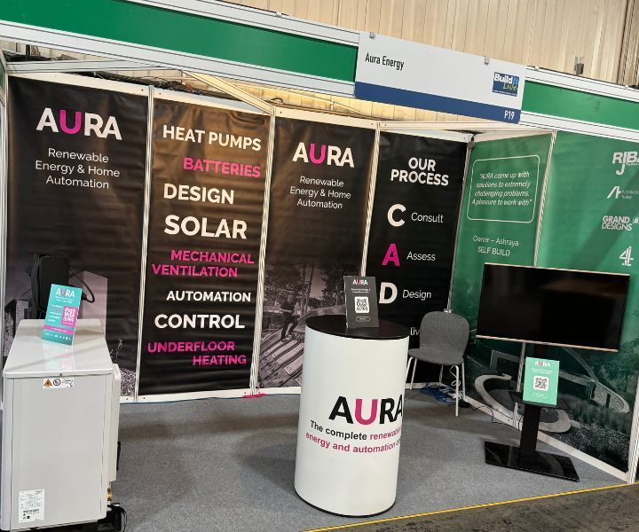 Aura show stand at Build it Live Exeter. With heat pumps, solar and display