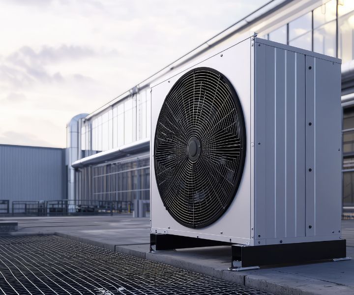 A large fan is sitting outside of a building.